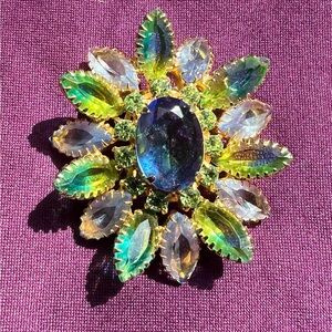 Vintage Floral Brooch Cluster of Colorful Rhinestones.